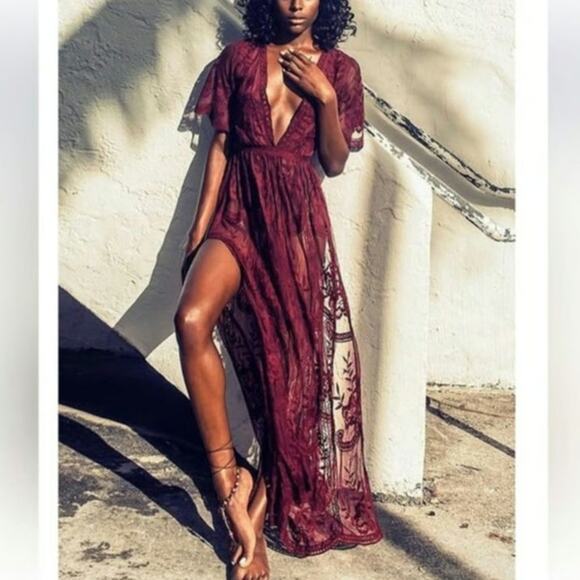 Red Wine Merlot Lace Deep V Plunge Small Romper - Picture 1 of 8